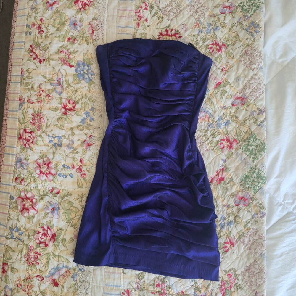 Jessica McClintock Metallic Purple Blue Ruched Strapless Dress, Size 6